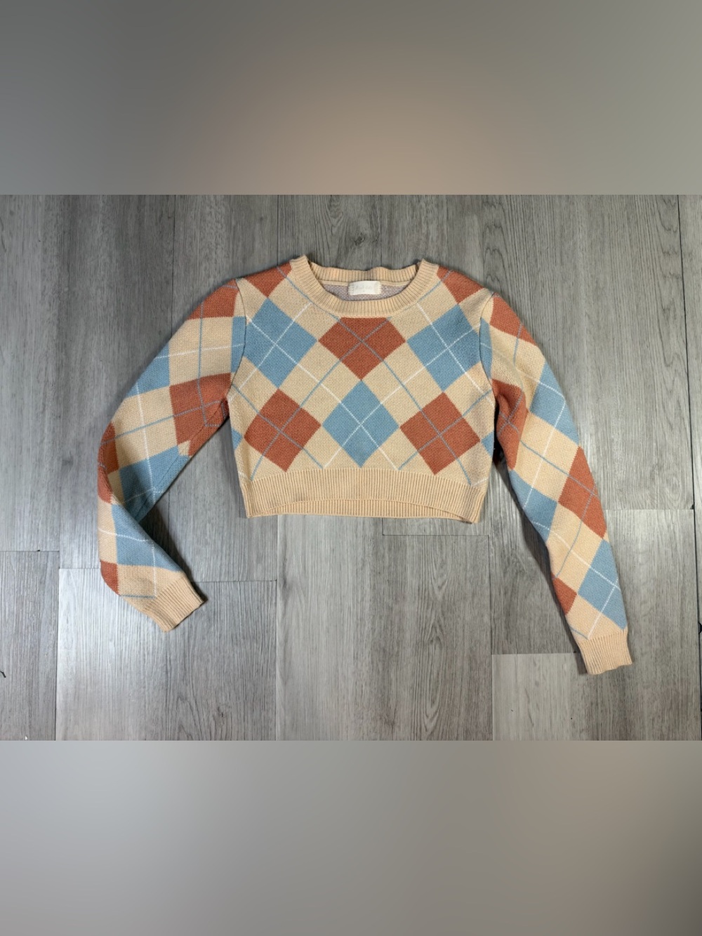 Altar’d Argyle Diamond Knit Cropped Crewneck Pullover Sweater Beige Blue Brown M